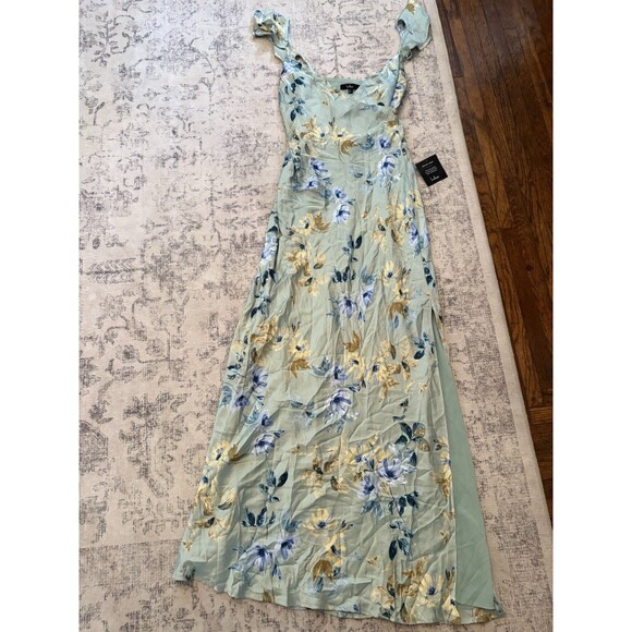 Lulus Captivating Grace Sage Green Floral Satin Ruffled Maxi Dress Size Small - Picture 3 of 11
